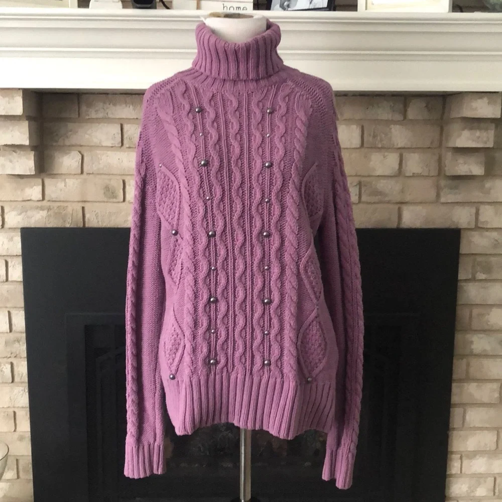 Relativity Lavender Cable Knot Chunky Studded Sweater size Large